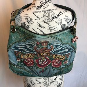 Isabella Fiore Faith Hope Love Denim Jean Purse